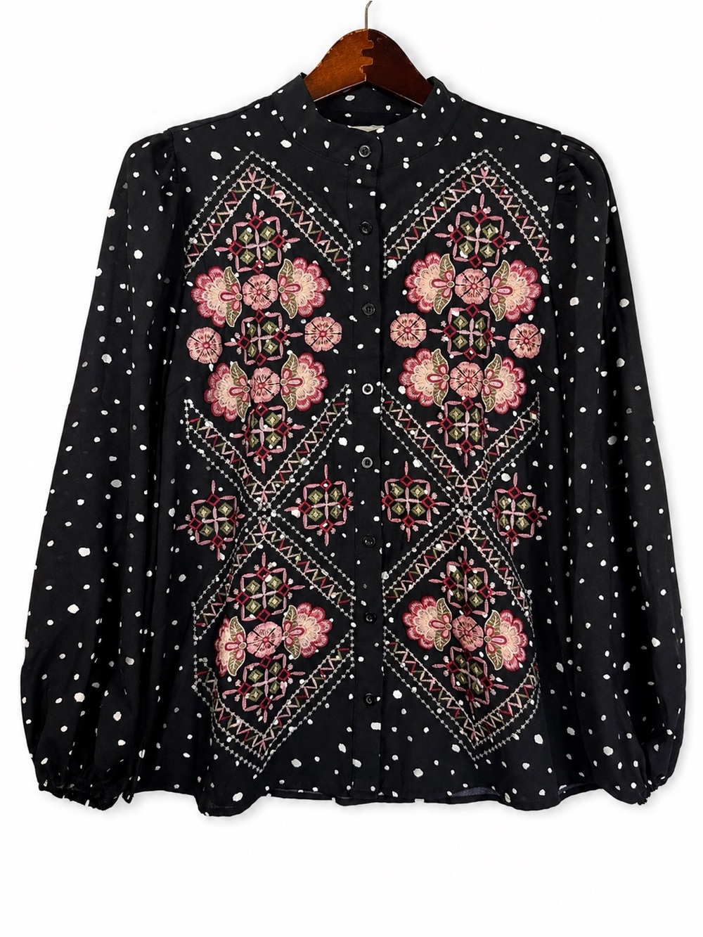 Savanna Jane Embroidered Polka Dot Boho Blouse S Black Floral Top